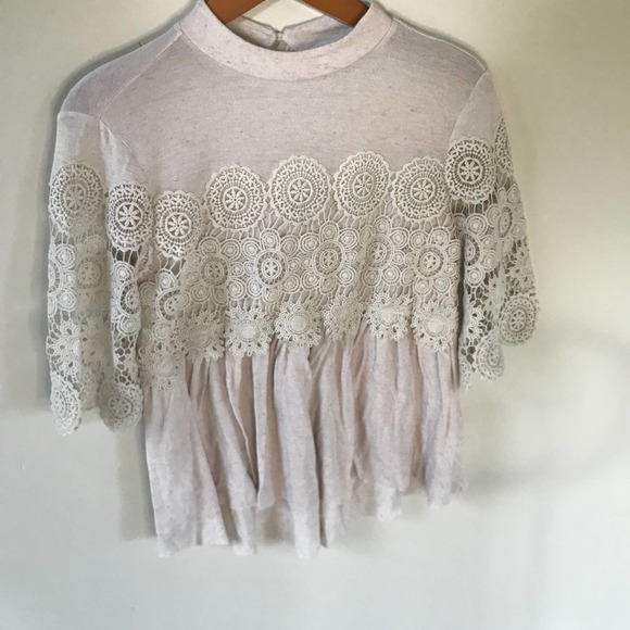 American Eagle Outfitters Tops - American Eagle size S cream peplum blouse crochet lace bust mock neck